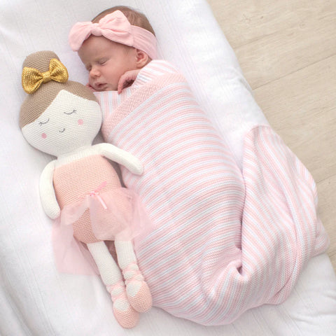 100% Cotton Knit Stripe Baby Blanket- White & Blush Pink