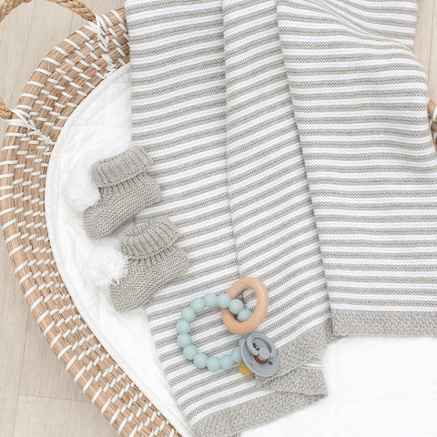 100% Cotton Knit Stripe Baby Blanket- White & Grey