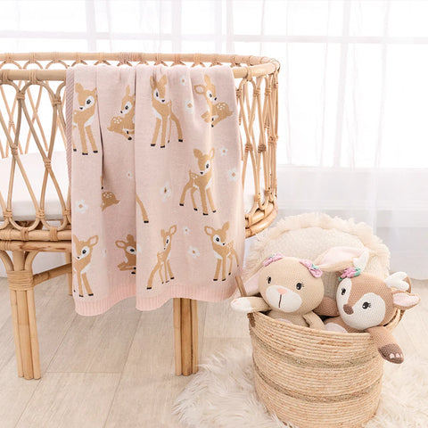 Cute Whimsical 100 % Cotton Blush Baby Deer Fawn Blanket