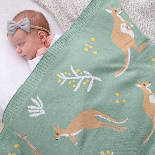 Australiana Cotton Knit Baby Blanket - Kangaroo / Green