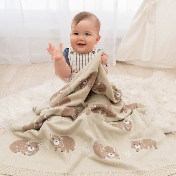 Australiana Cotton Knit Baby Blanket - Wombat / Natural Pram Crib Blanket