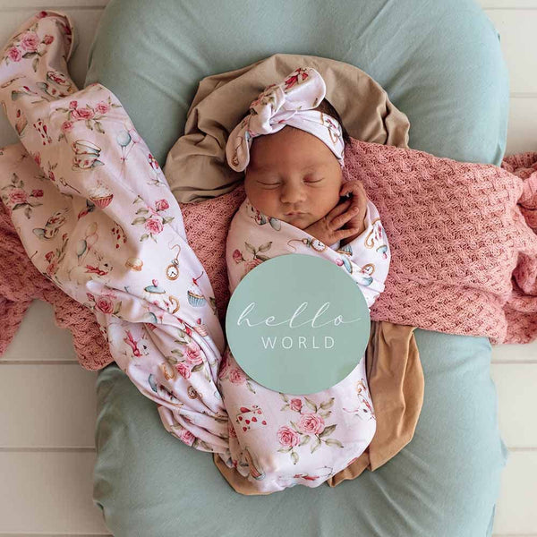 Alice’s Tea Party Organic Jersey Baby Wrap & Topknot Set Snuggle Hunny