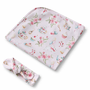 Alice’s Tea Party Organic Jersey Baby Wrap & Topknot Set Snuggle Hunny
