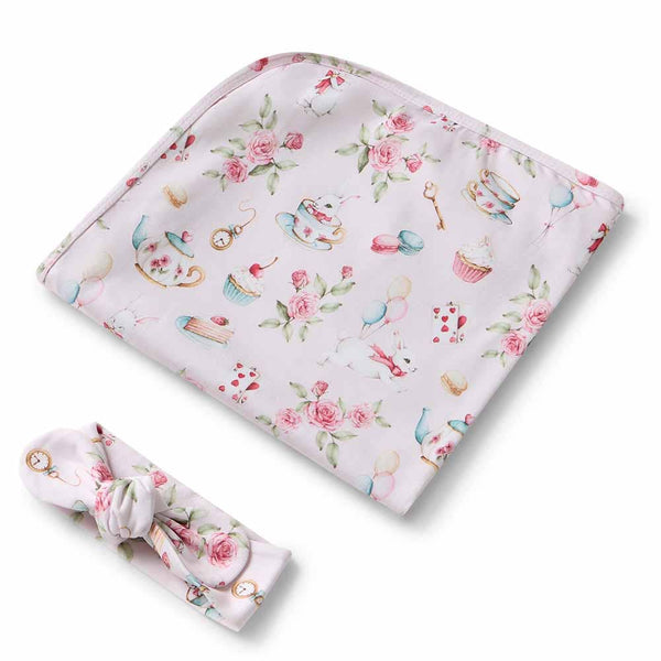 Alice’s Tea Party Organic Jersey Baby Wrap & Topknot Set Snuggle Hunny