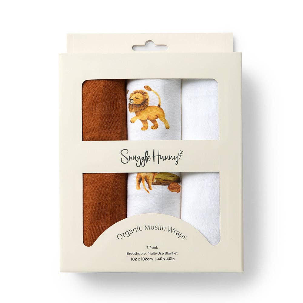 Snuggle Hunny Large Organic Cotton Newborn Baby Muslin Wraps 3 Pack - Lion/Bronze/Milk