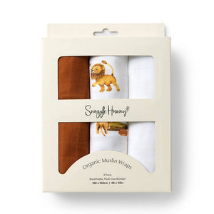 Snuggle Hunny Large Organic Cotton Newborn Baby Muslin Wraps 3 Pack - Lion/Bronze/Milk