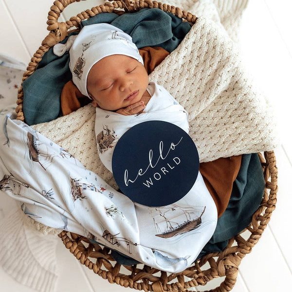 Set Sail Organic Cotton Jersey Baby Wrap & Beanie Gift Set Snuggle Hunny