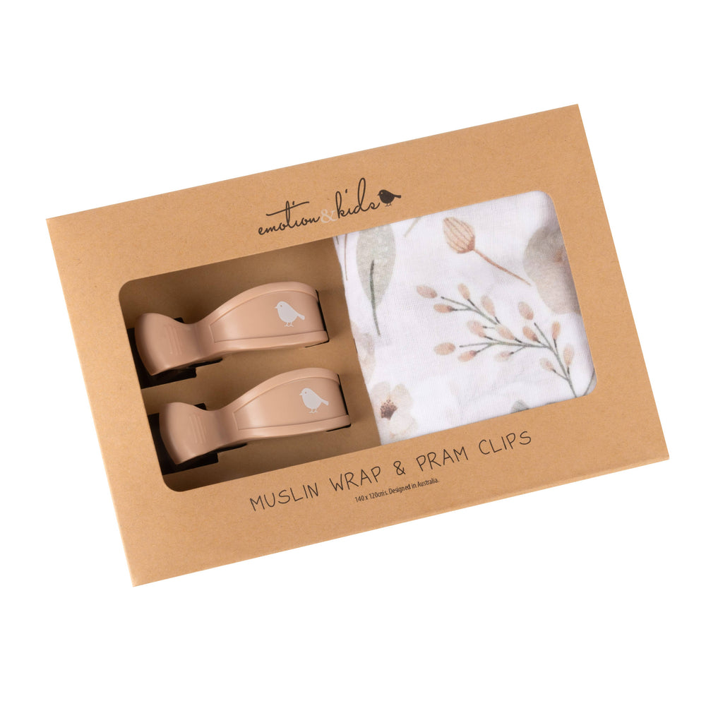 Boho Floral Baby Muslin Wrap & Latte Clips Gift Set
