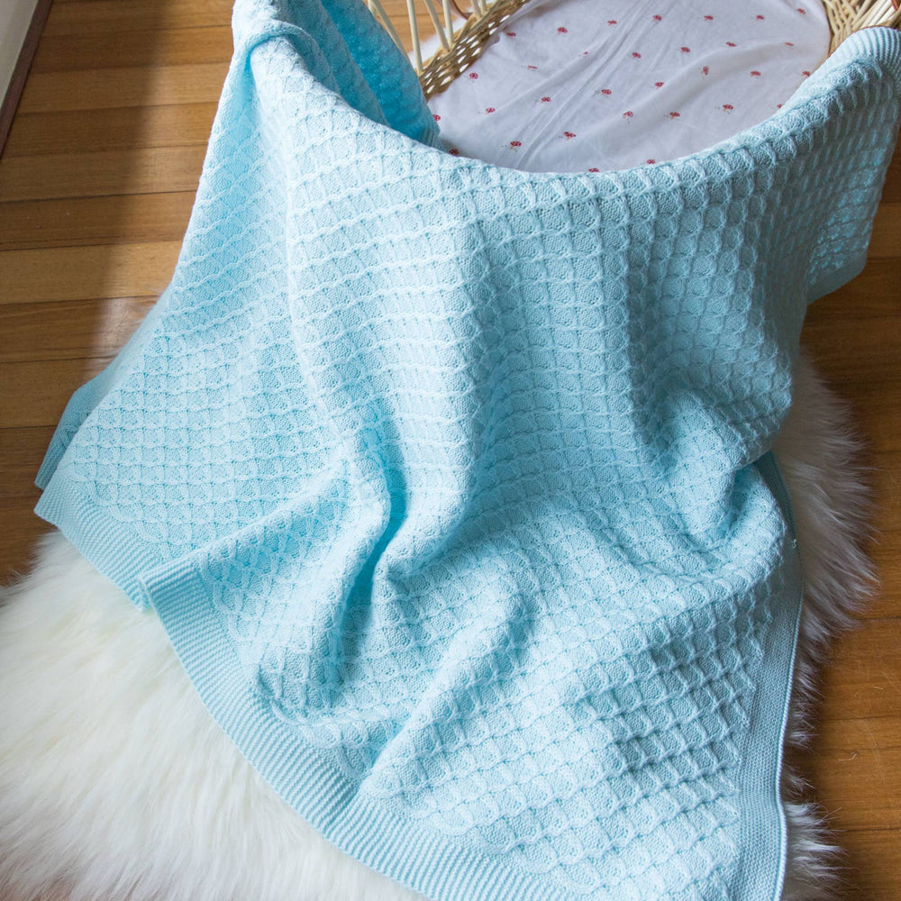 Lace Knit Cotton Bassinet Baby Blanket - Blue