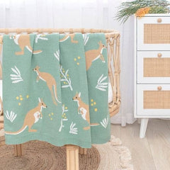 Australiana Cotton Knit Baby Blanket - Kangaroo / Green