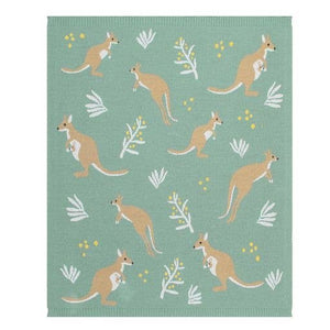 Australiana Cotton Knit Baby Blanket - Kangaroo / Green