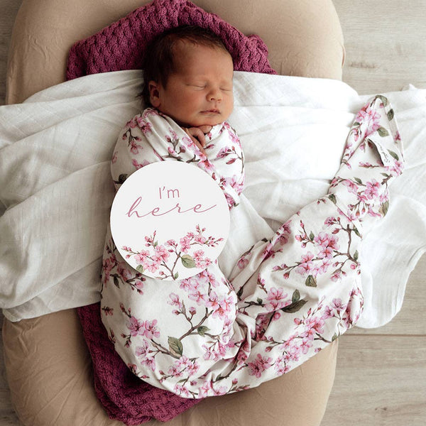 Snuggle Hunny Cherry Blossom Organic Jersey Newborn Baby Wrap & Topknot Gift Set