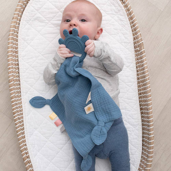 Silicone Muslin Comfort Teether - Rose Pink, Sage Green, Steel Blue