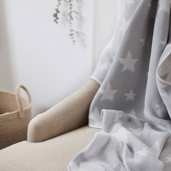 Baby Cotton Knitted Blanket - Reversible Grey Stars