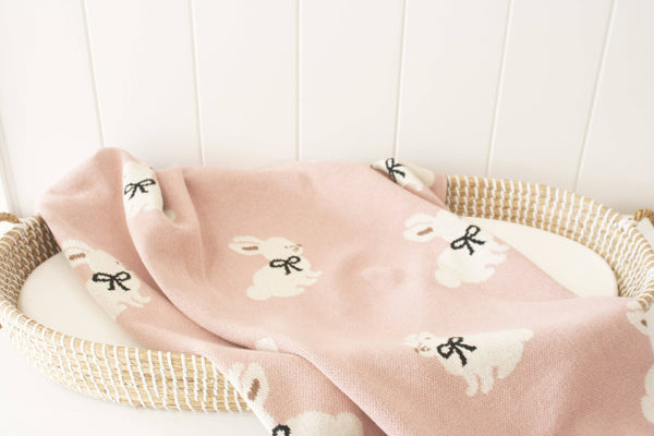 Baby Girl Alimrose Cotton Knit Bunny Blanket - Petal Pink