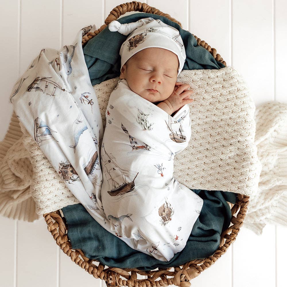 Set Sail Organic Cotton Jersey Baby Wrap & Beanie Gift Set Snuggle Hunny
