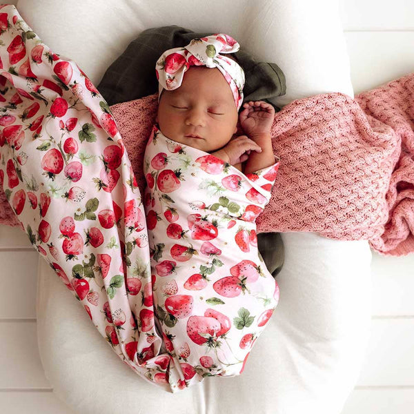 Snuggle Hunny Strawberry Organic Jersey Baby Wrap & Topknot Set