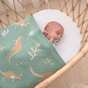 Australiana Cotton Knit Baby Blanket - Kangaroo / Green