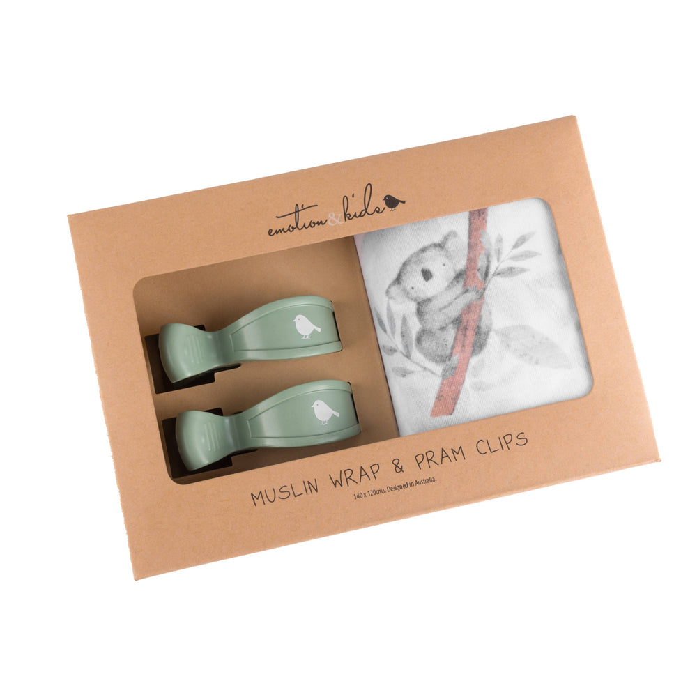 Koala Muslin Wrap & Grey / White Pram Clips Set