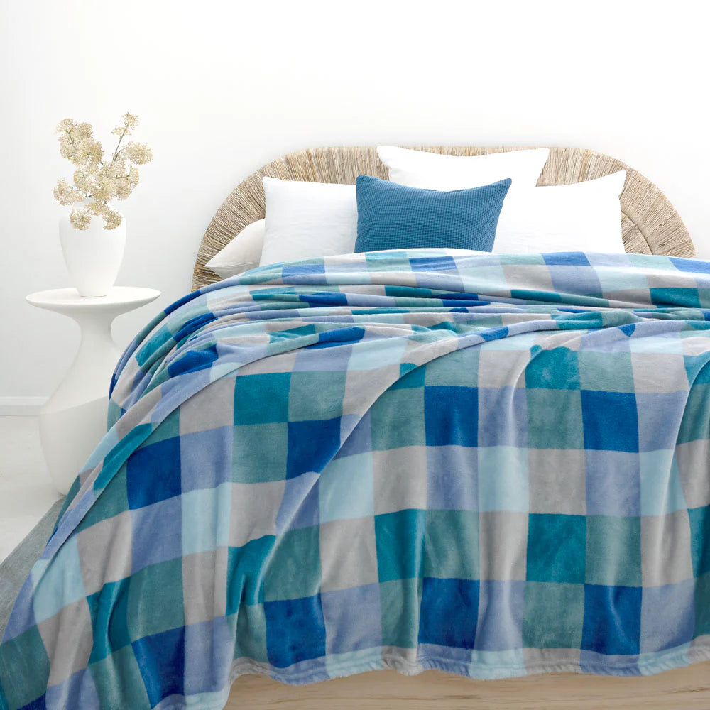 Charlie Ultraplush Ocean Blue Green Check Blanket - King
