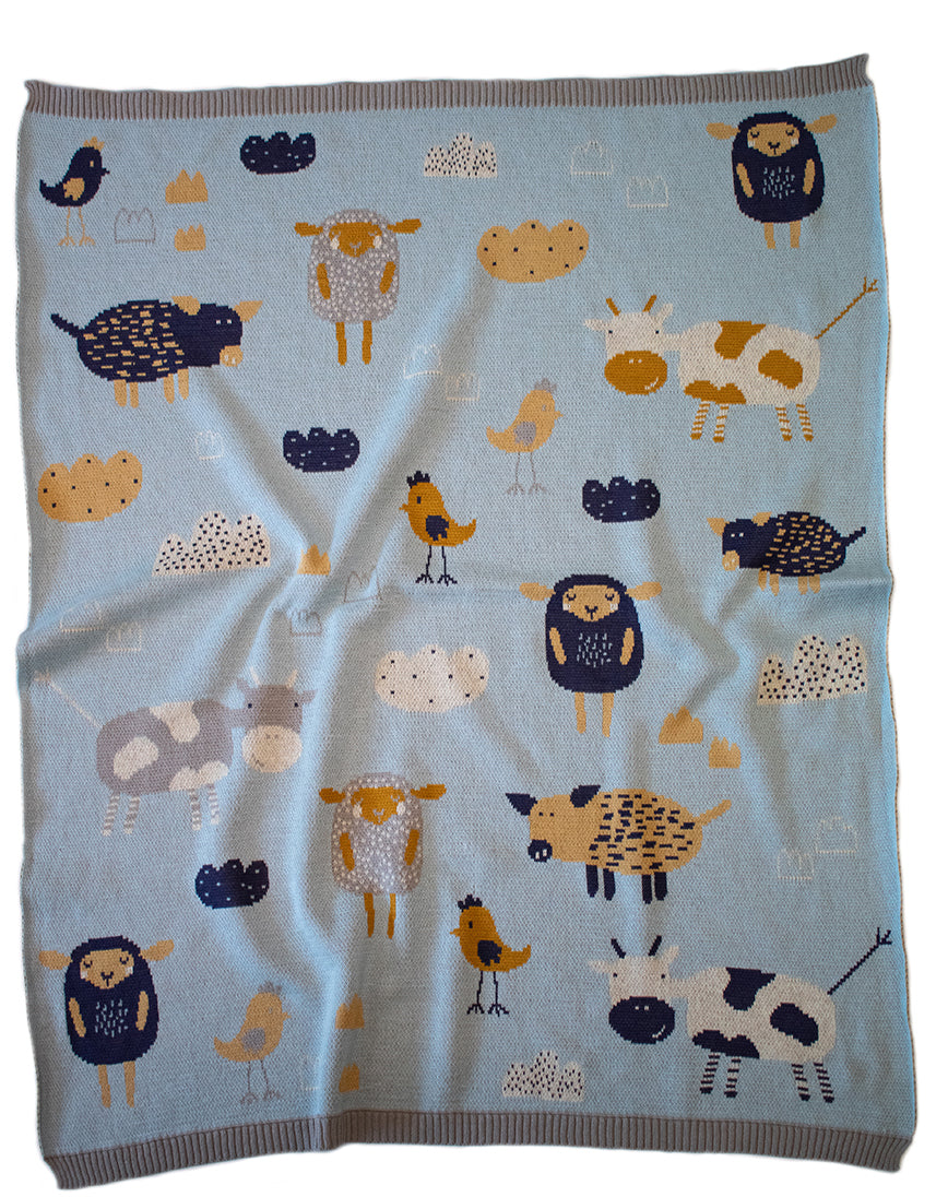 2 pce Farmyard Cotton Knit Baby Blanket & Muslin Swaddle Wrap