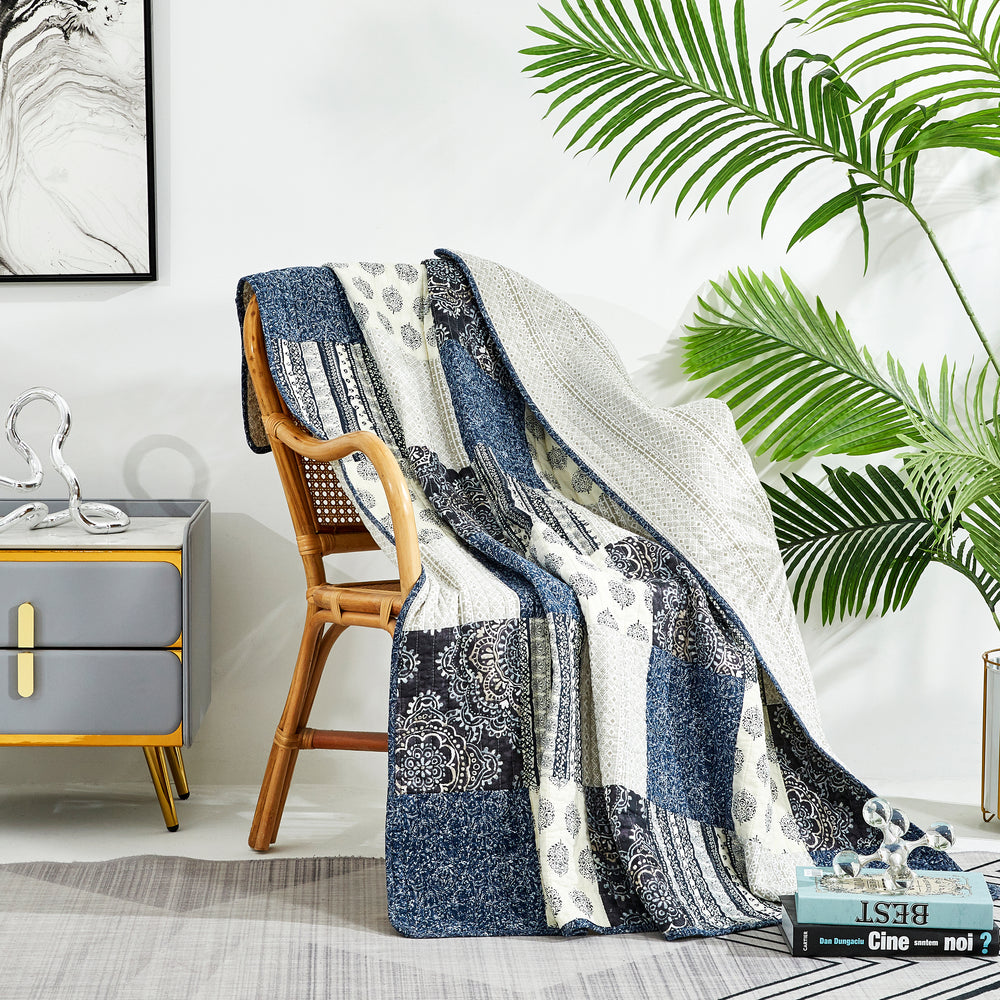 Horizon Blue Multi Quilted Patchwork Cotton Throw Rug
