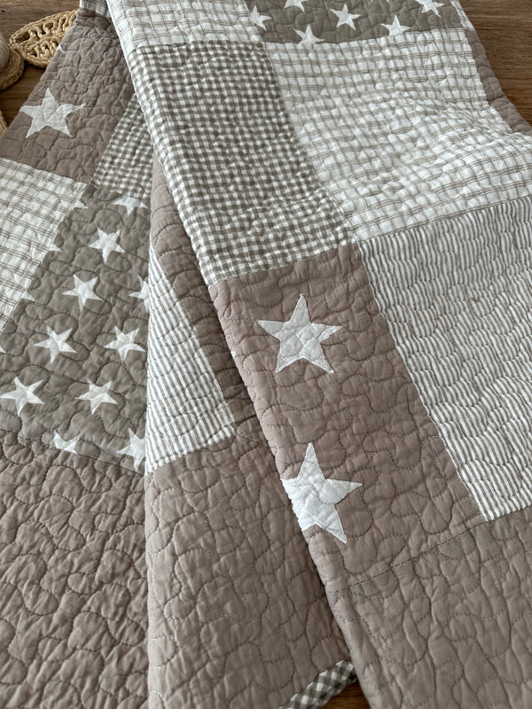 Lachlan Cotton Quilted Patchwork Stars Throw Rug in Neutral