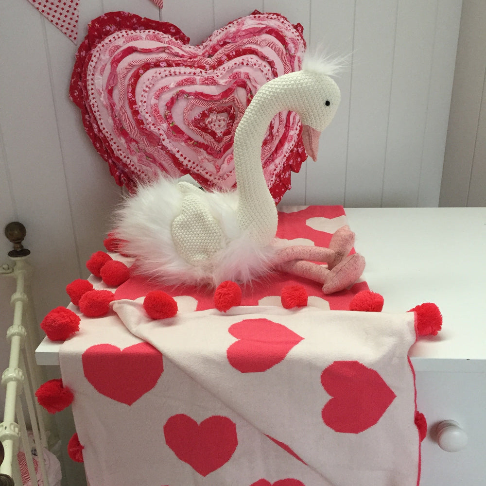 Reversible Raspberry Heart Baby Pom Pom Blanket with bonus Emma Heart Rattle