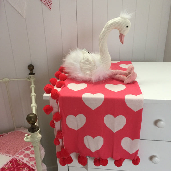 Reversible Raspberry Heart Baby Pom Pom Blanket with bonus Emma Heart Rattle