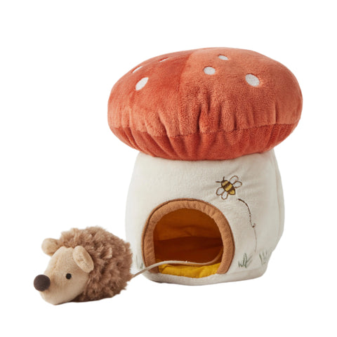 Plush Children's Toy Hedgehog with Mushroom House.