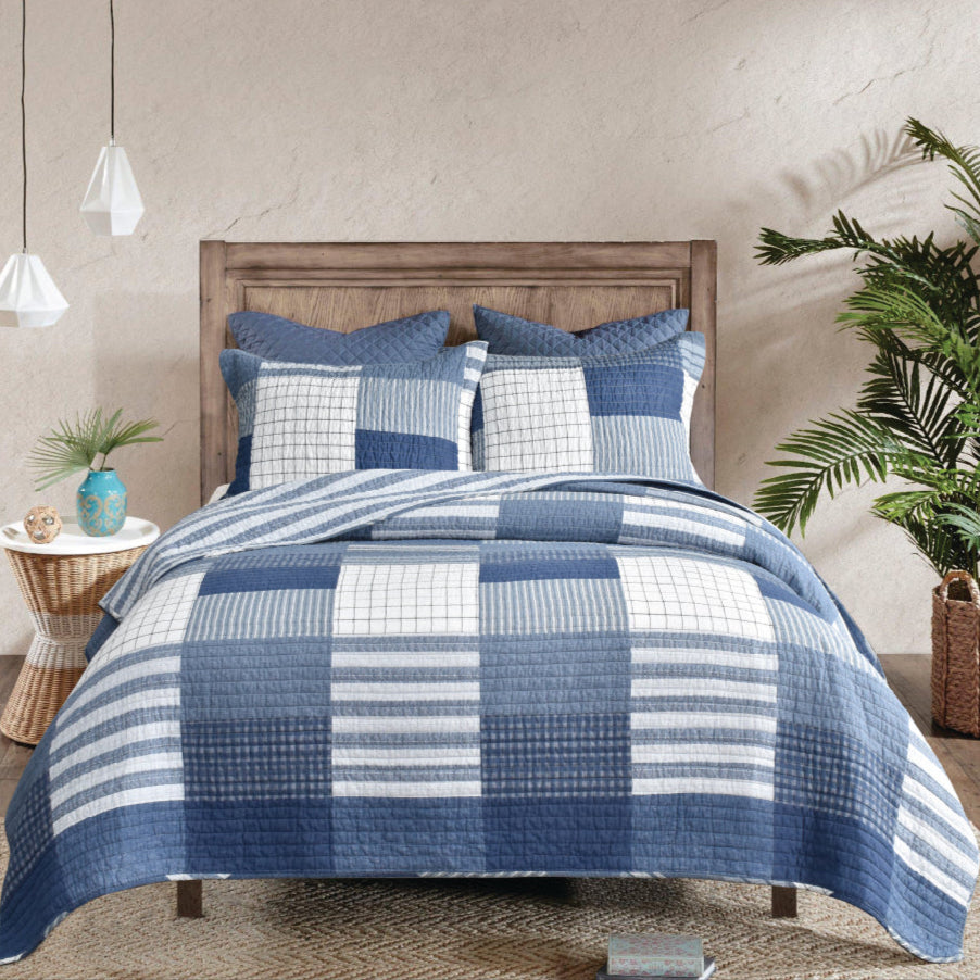 Coastal Blue Inspiration Check Coverlet Bedcover Set