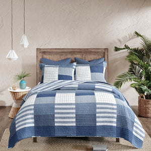 Coastal Blue Inspiration Check Cotton Quilted Throw Rug