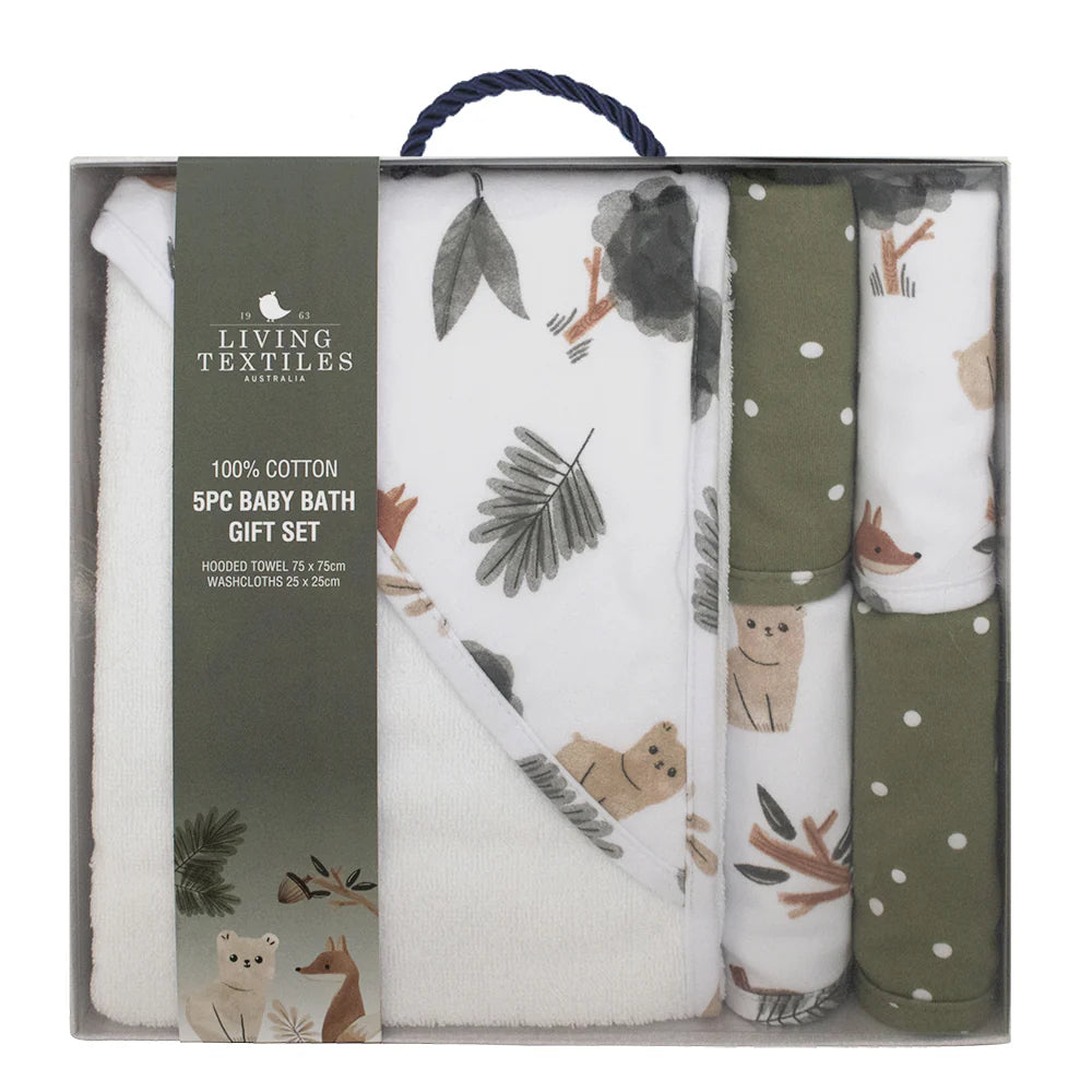 5 piece Bath Gift Set Forest Retreat Hooded Baby Bath Towel & Face Cloths