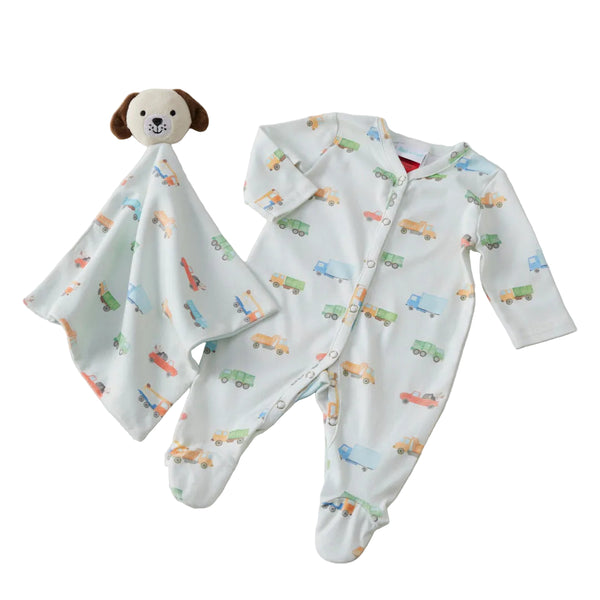 Jiggle & Giggle Trucking Along Babies Romper Suit and Puppy Comforter Gift Set
