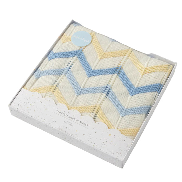 Blue / Lemon Zig Zag Cotton Knit Baby Blanket