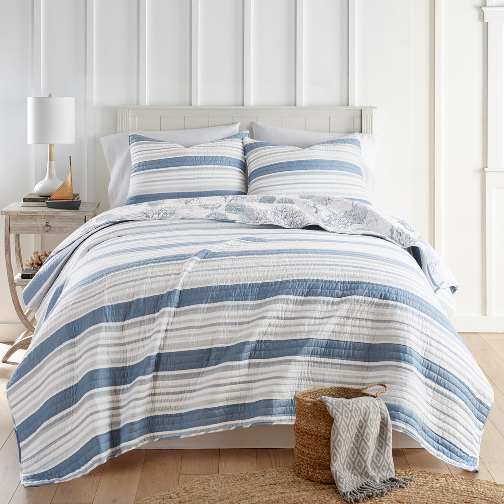Hamptons Blue New Province Multi Stripe Cotton Quilted Coverlet Bedcover Set Available in 4 Sizes