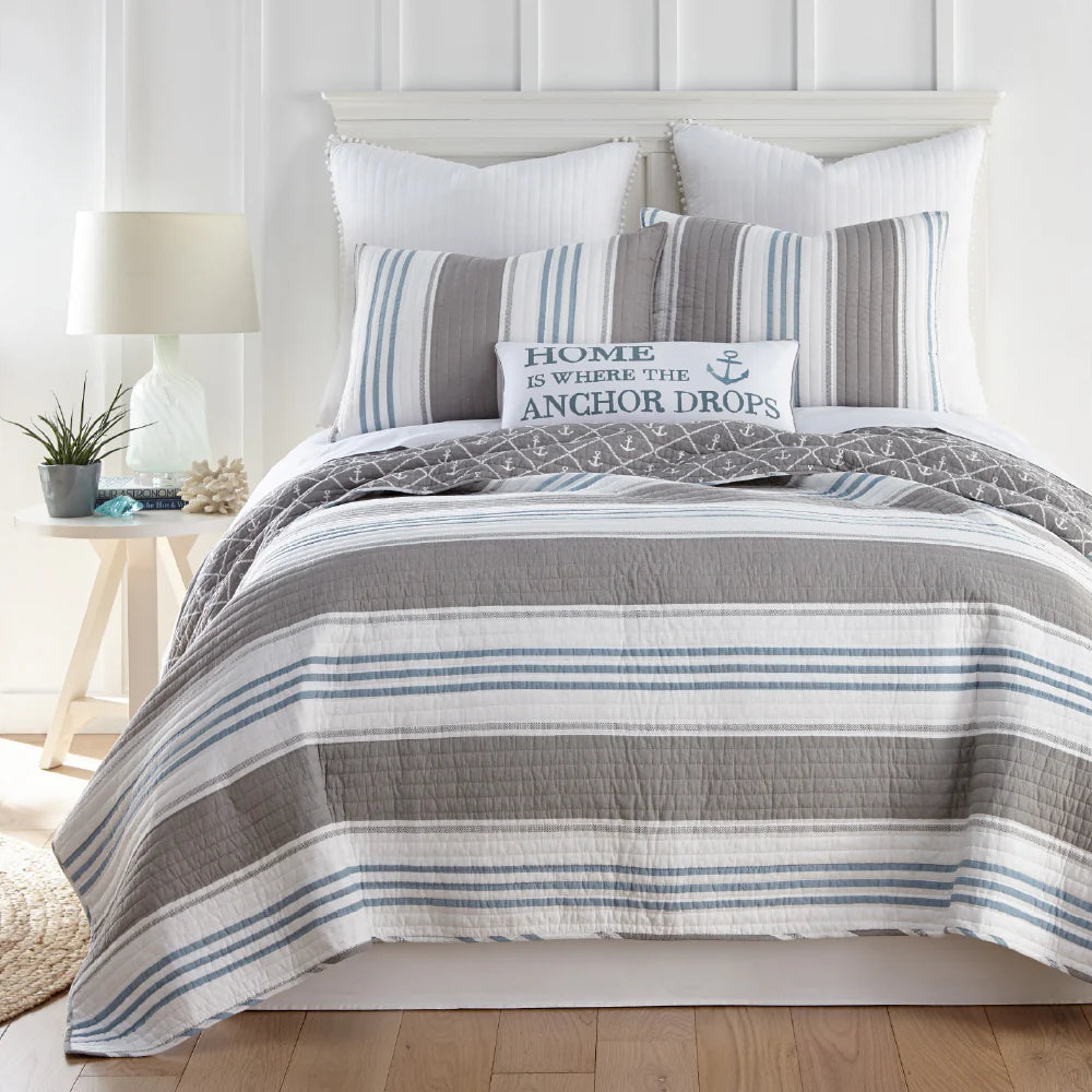 Old Province Grey Multi Stripe Cotton Quilted Stripe King Size Coverlet Bedcover & Pillow Cases Set