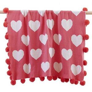 Reversible Raspberry Heart Baby Pom Pom Blanket with bonus Emma Heart Rattle