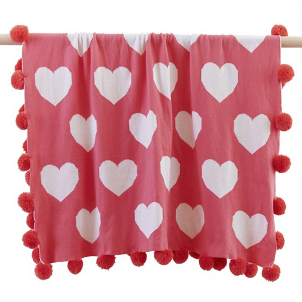 Reversible Raspberry Heart Baby Pom Pom Blanket with bonus Emma Heart Rattle