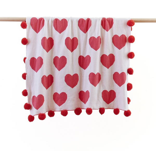 Reversible Raspberry Heart Baby Pom Pom Blanket with bonus Emma Heart Rattle