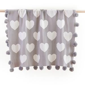 Grey Hearts Baby Pom Pom Reversible Blanket with a Bonus Emma Heart Baby Rattle