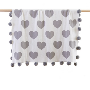 Grey Hearts Baby Pom Pom Reversible Blanket with a Bonus Emma Heart Baby Rattle