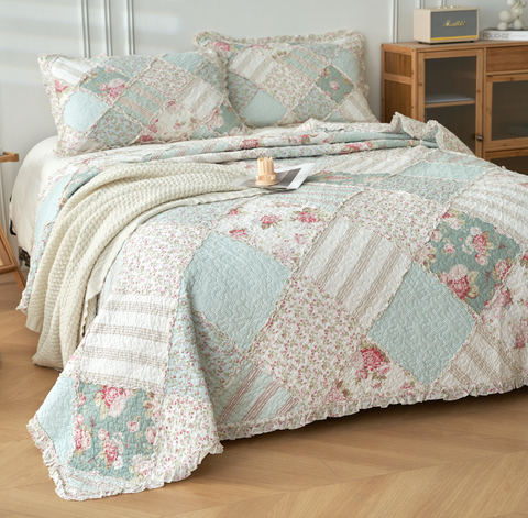 Floral Patchwork Country Charm Rose Ruffle Quilted Coverlet Bedcover Set Available in 4 Sizes