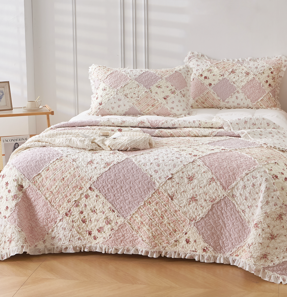 Sarah Rose Pink Floral Patchwork Ruffle Quilted Coverlet Bedcover