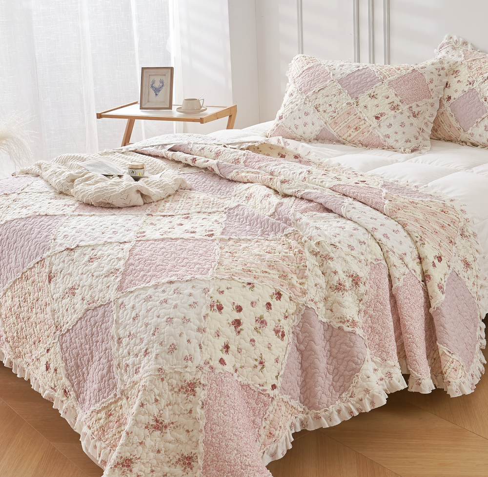 Sarah Rose Pink Floral Patchwork Ruffle Quilted Coverlet Bedcover
