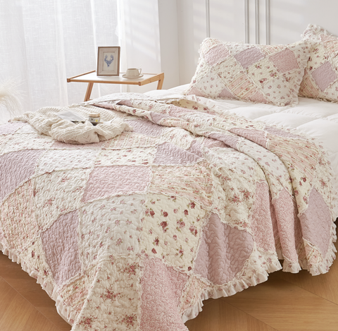 Pink Floral Patchwork Sarah Rose Ruffle Quilted Coverlet Bedcover Set Available in 4 Sizes