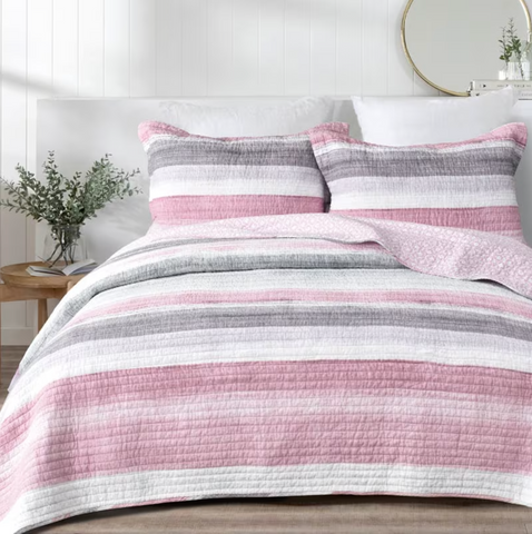 Chelsea Pink White & Grey Stripe Multi Quilted Coverlet Bedcover Set