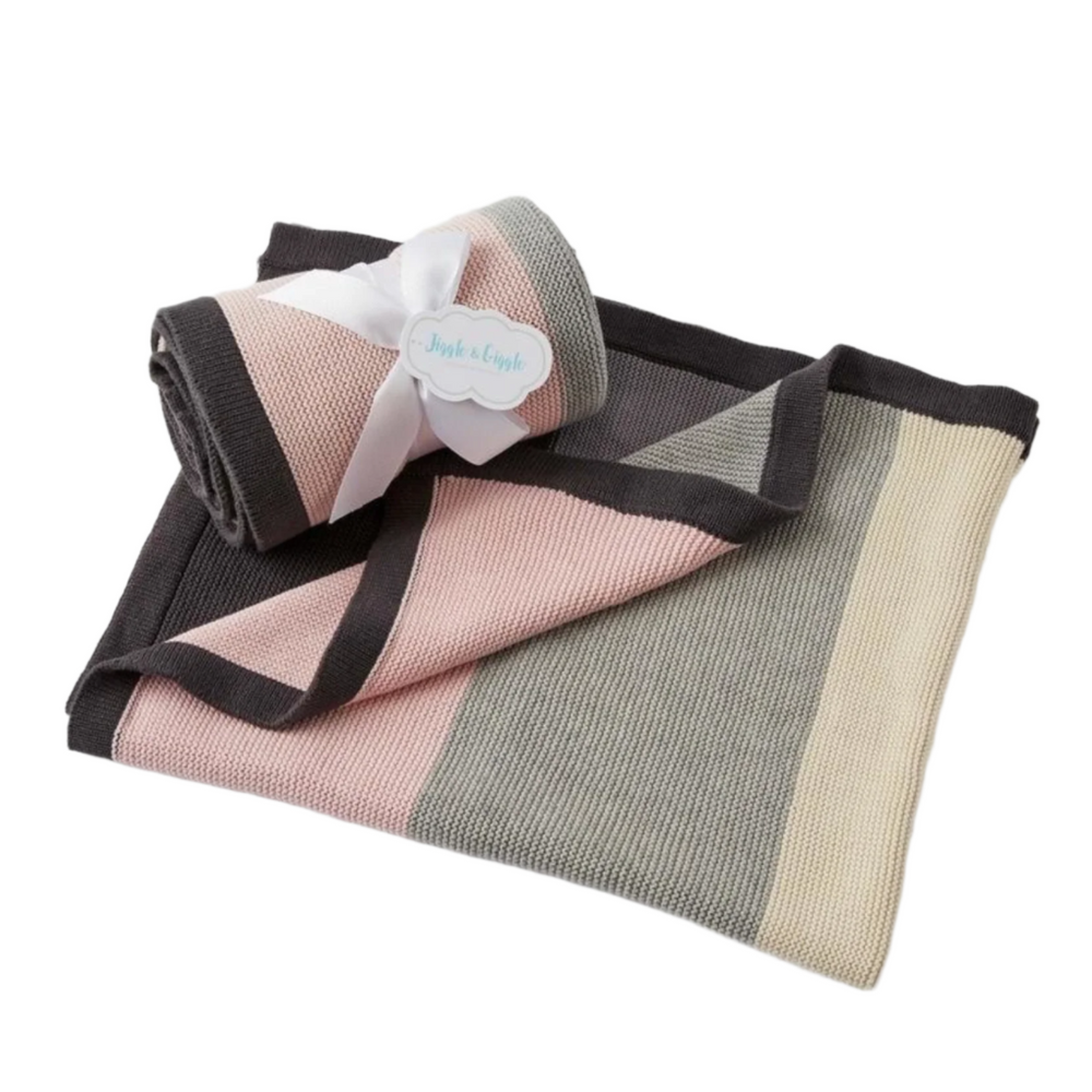 Wide Stripe Pink /  Grey Cotton Knit Baby Blanket