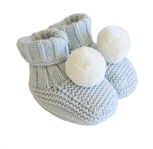 Mini Moss Stitch Powder Blue Cotton Baby Blanket & Matching Pom Pom Socks Bundle