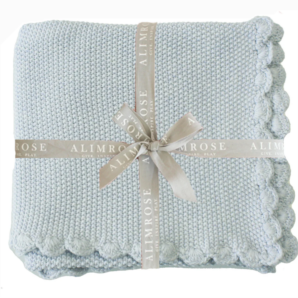 Mini Moss Stitch Powder Blue Cotton Baby Blanket & Matching Pom Pom Socks Bundle